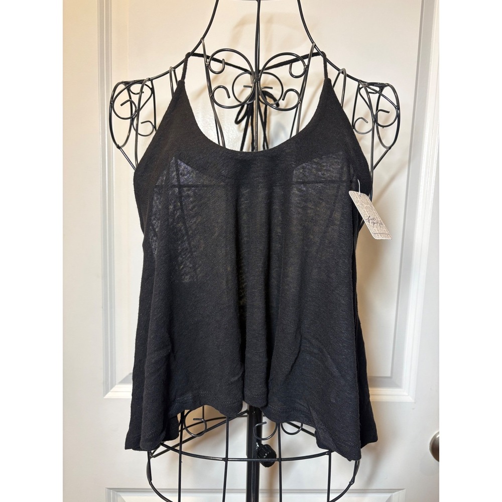 Free People Black Linen Blend Open Back Tie‎ Camisole Tank Top NWT